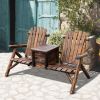 Adirondack Double Chair Loveseat with Ice Bucket, Wooden Rustic Outdoor Patio Furniture, Weather-Resistant